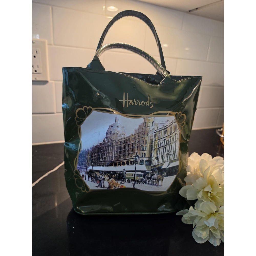 Harrods London Graphic Tote Bag Vintage Glossy Green Souvenir Shopper Handbag